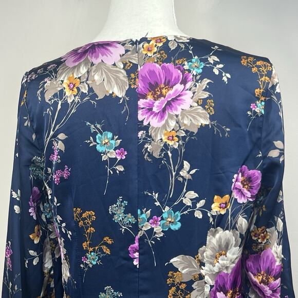 Maggy London Petite Women's Navy Blue Floral Satin Dress 10P Ruched Waist - Picture 8 of 14